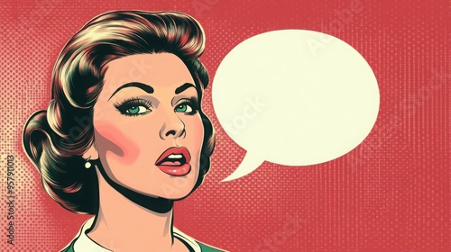 A attractive spectacular woman telling speech bubble. Comic book halftone style photo