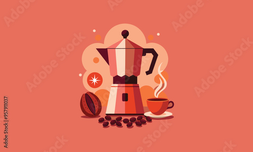 Italian espresso coffee with cup hand drawn vector illustration. Sign with Moka Pot Italian espresso machine for logo cafe, card, poster. Coffee cup decorative border design.