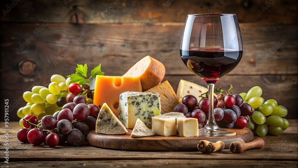 Glass of red wine surrounded by an assortment of cheeses and grapes Glass of red wine surrounded by an assortment of cheeses and grapes
