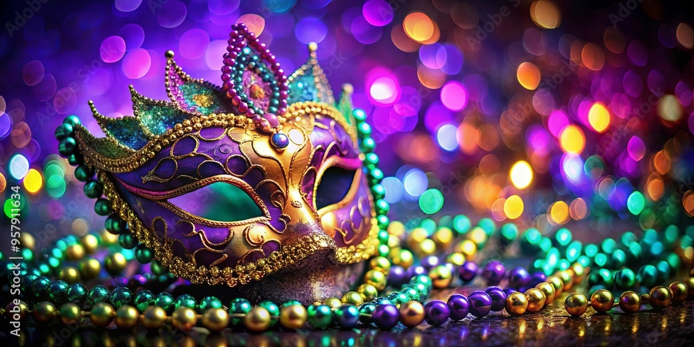 Fototapeta premium Enchanting Mardi Gras mask and beads in vibrant colors, perfect for festive celebrations and masquerade parties