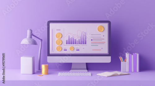 A minimalist 3D render featuring a computer monitor screen against a soft purple pastel background. On the monitor, a graph is displayed prominently, showing various data points and trends. Beside the