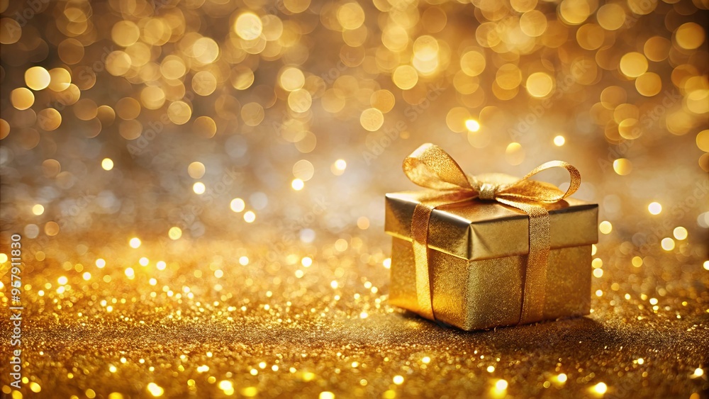 Golden gift box with glitter surrounded by festive bokeh lighting Golden gift box with glitter surrounded by festive bokeh lighting