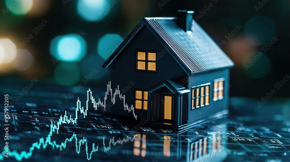 A small house model sits on a chart showing rising property prices. A small house model sits on a chart showing rising property prices.