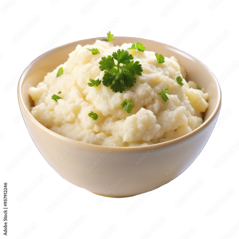 Mashed cauliflower on white bowl isolated on transparent background Mashed cauliflower on white bowl isolated on transparent background