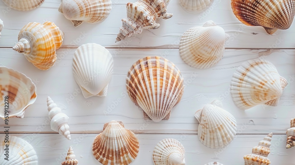 Sea shells arranged on white wooden surface from a bird s eye view Sea shells arranged on white wooden surface from a bird s eye view