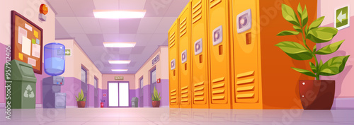 School corridor interior with locker in building. College hallway inside with door to classroom. University lobby with entrance and contemporary colorful furniture. Bell and water in highschool lobby