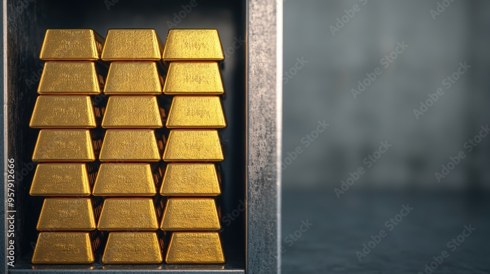 Fortified Wealth - Closeup of Gold Bullion Stacks in a Secure Steel Vault with Copy Space, Selective Focus on Foreground, Quality Fortified Wealth - Closeup of Gold Bullion Stacks in a Secure Steel Vault with Copy Space, Selective Focus on Foreground, Quality