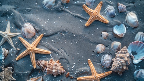 Seashells and starfish scattered on beach shore photo