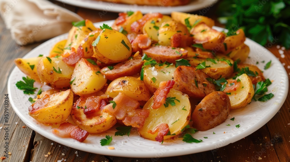 Seasoned potato slices with parsley and bacon sausage on white plate and wooden surface Seasoned potato slices with parsley and bacon sausage on white plate and wooden surface