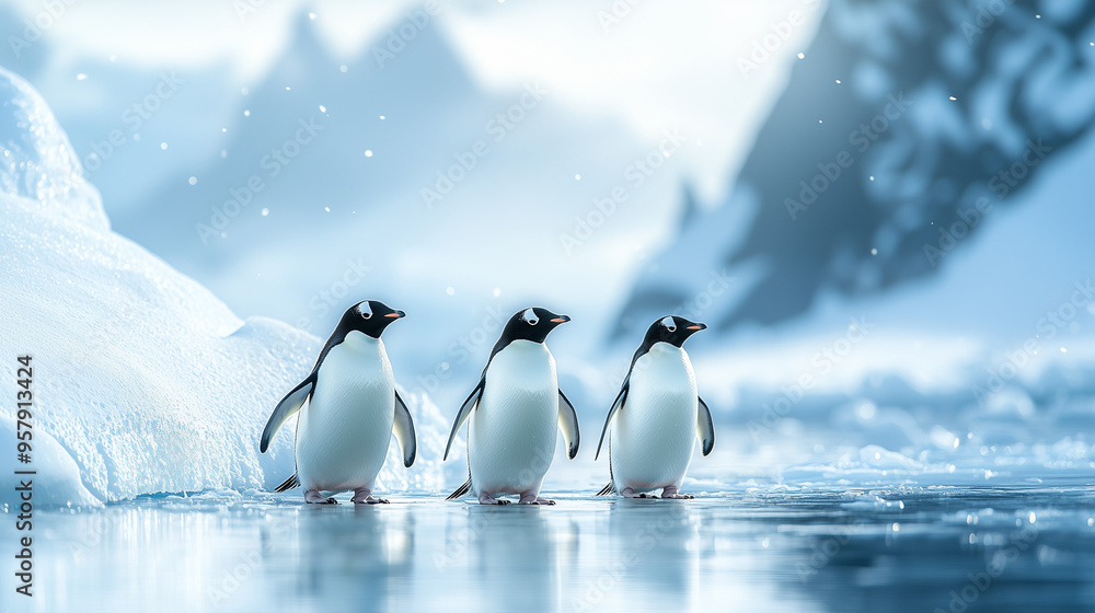 Obraz premium A group of adorable penguins waddling across the icy Antarctic landscape, with a dramatic snowy backdrop