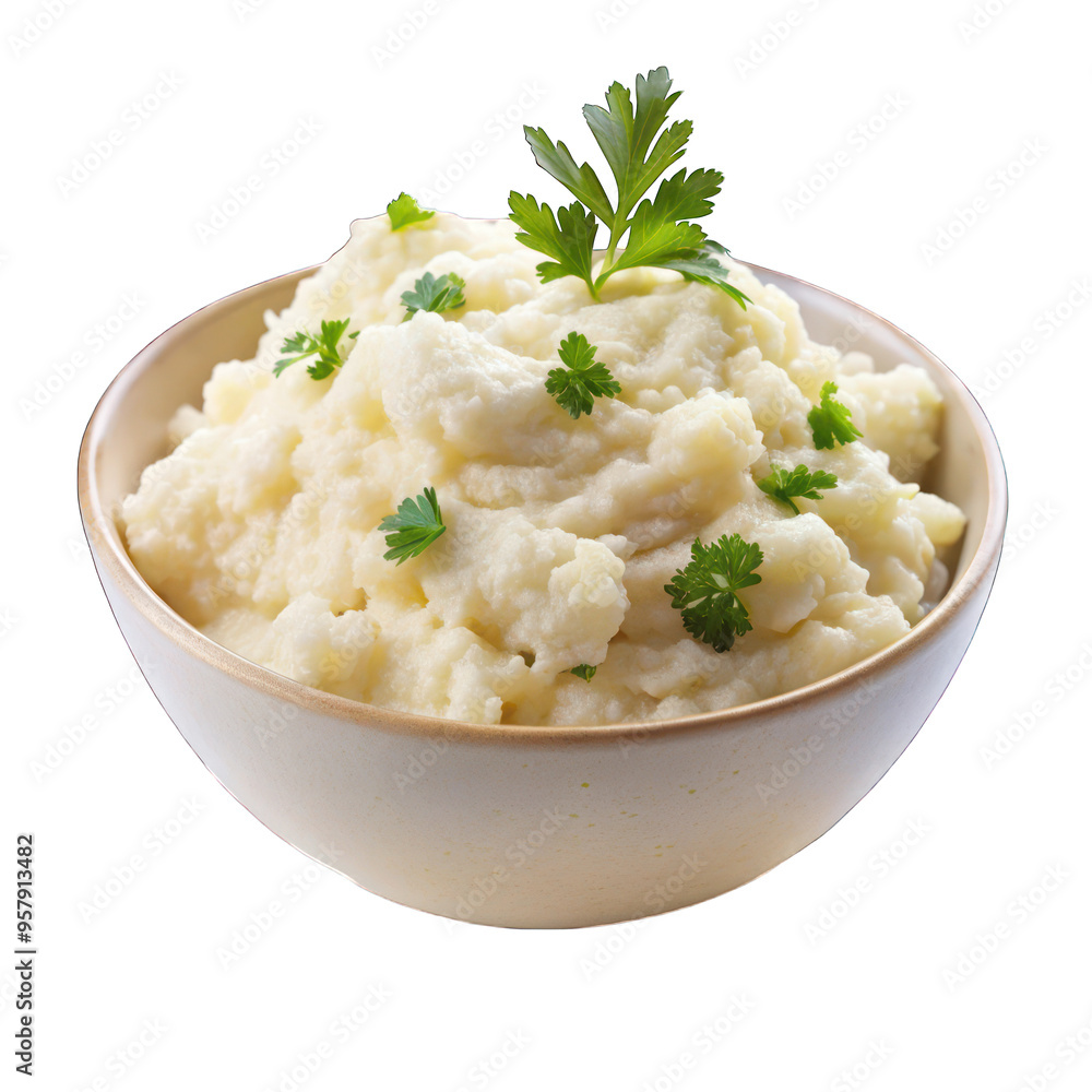 Mashed cauliflower on white bowl isolated on transparent background Mashed cauliflower on white bowl isolated on transparent background