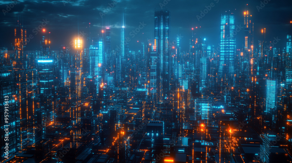 A captivating 3D render depicting a cyberpunk night cityscape. The scene is set in a dark, futuristic city with towering skyscrapers and sprawling urban infrastructure. The city is illuminated by vibr A captivating 3D render depicting a cyberpunk night cityscape. The scene is set in a dark, futuristic city with towering skyscrapers and sprawling urban infrastructure. The city is illuminated by vibr