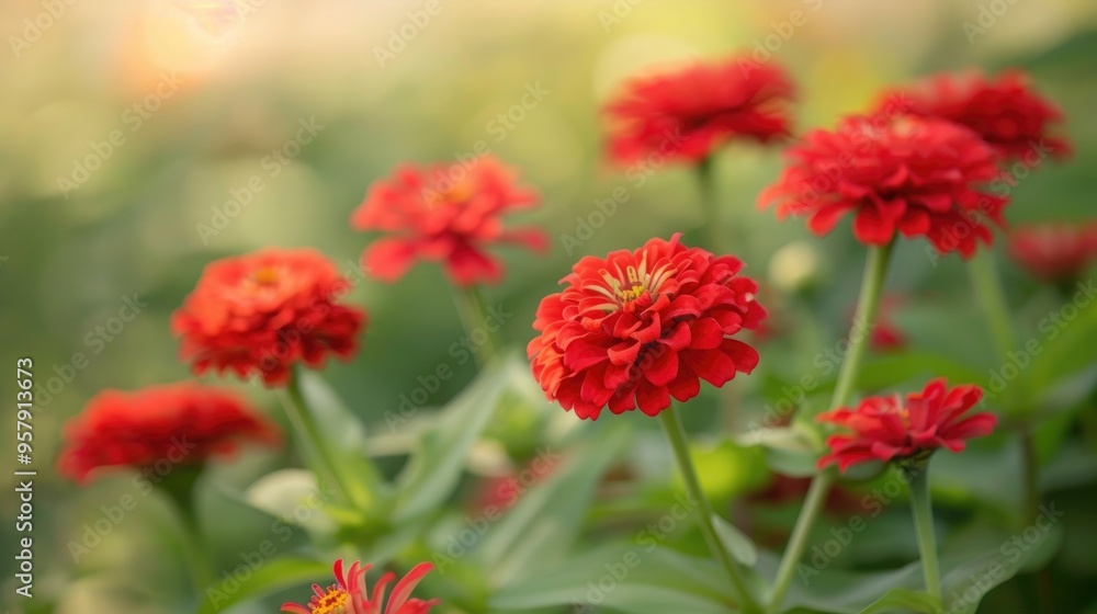 Selective focus on beautiful red zinnia flowers in the garden Selective focus on beautiful red zinnia flowers in the garden