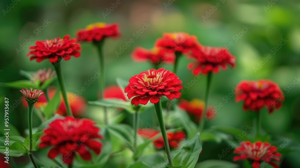 Selective focus on beautiful red zinnia flowers in the garden Selective focus on beautiful red zinnia flowers in the garden