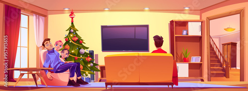 Family in living room with Christmas tree at home. Father sleeping on couch near tv. Brother and sister together celebrate xmas in apartment. Lounge with armchair, television and holiday decoration
