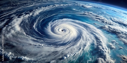 Dramatic satellite image of a powerful hurricane swirling over the ocean