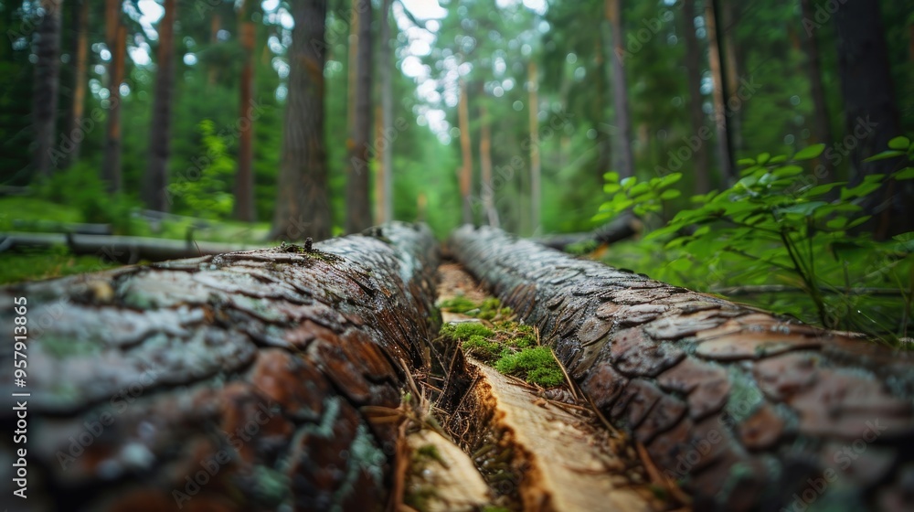 Fototapeta premium Selective focus on fallen pine trunks in the forest