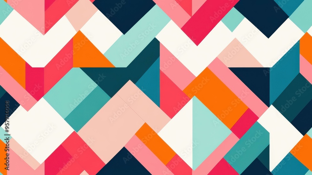 Embrace a vibrant geometric design featuring hot pink, orange, cyan, and white, ideal for a trendy modern space. Embrace a vibrant geometric design featuring hot pink, orange, cyan, and white, ideal for a trendy modern space.