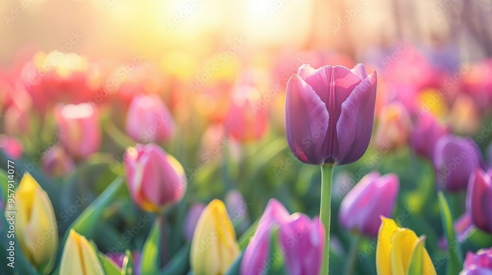 Selective focus on purple tulip with yellow flowers in field with sunlight Tulips from perennial bulbiferous geophytes genus Floral background Netherlands Selective focus on purple tulip with yellow flowers in field with sunlight Tulips from perennial bulbiferous geophytes genus Floral background Netherlands