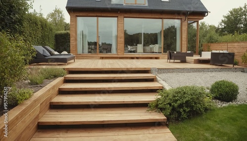 Modern wooden terrace with steps for a country house Cozy garden 15