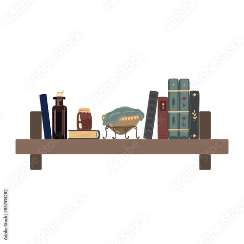 Old shelf with vintage books, tincture bottle and jam. Isolated design element for fairy and retro interiors.