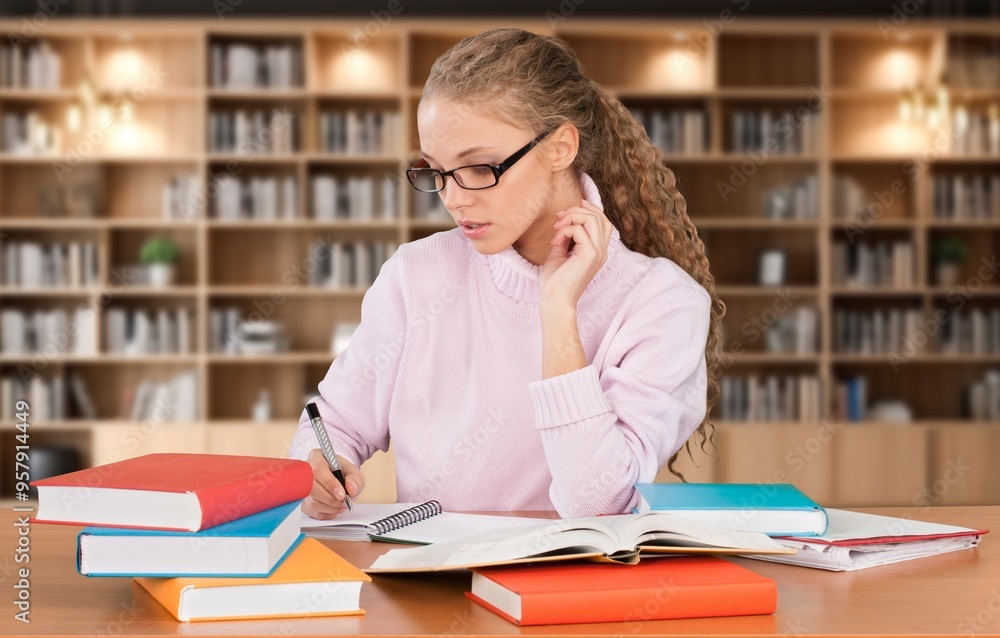 Happy thinking woman student study in library Happy thinking woman student study in library