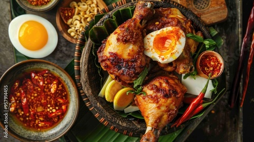 Sempol ayam Indonesian street food with chicken spices egg and chili sauce viewed from the top photo