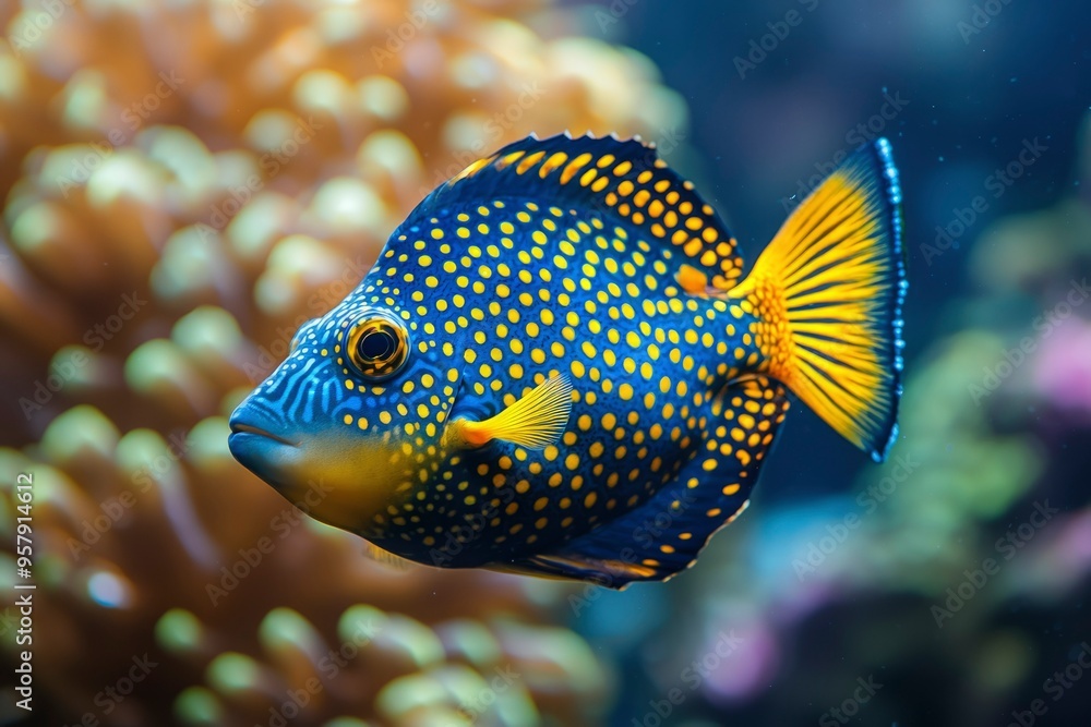A Blue and Yellow Spotted Fish Swimming Near Coral A Blue and Yellow Spotted Fish Swimming Near Coral