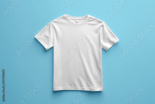white T-shirt mockup template on a light blue background, perfect for showcasing custom designs