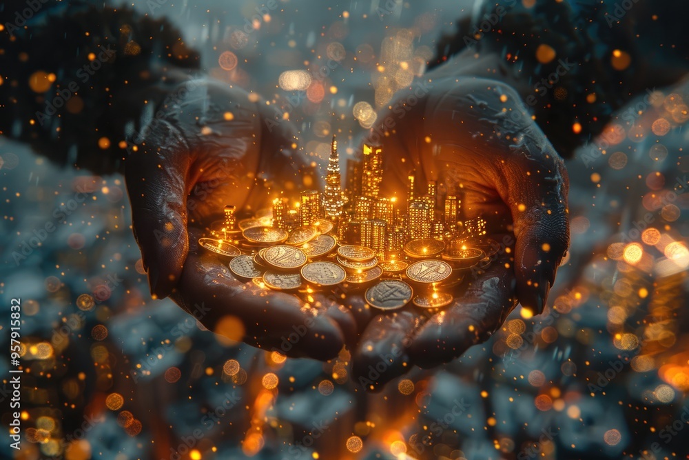 Double exposure Hands Holding Coins and Cityscape city skyline money in urban Double exposure Hands Holding Coins and Cityscape city skyline money in urban