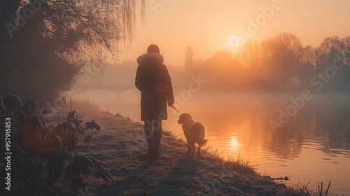  A person walking a dog along a foggy path in the early morning.