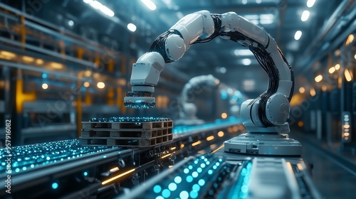 Robot placing items on a pallet in an automated warehouse, futuristic style, blue and silver tones, digital rendering, high-tech environment with glowing conveyor belts and advanced machinery