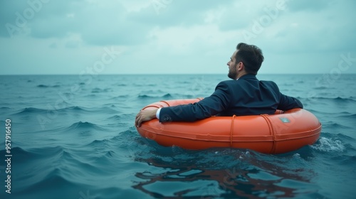 Businessman in a lifebuoy in the ocean. Generative AI