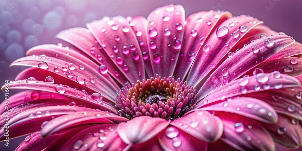 Obraz premium Close-up shot of a pink bloom with water droplets on its petals and visible florets in its wet center