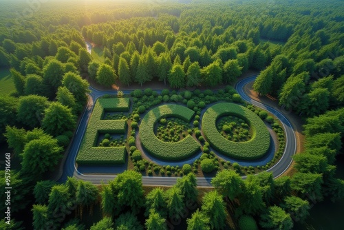 The word Eco is made of roads and surrounded by forests. Generative AI