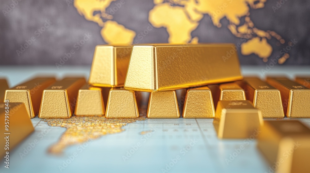 Global Wealth and Trade - Gold Bars on World Map Background with Copy Space, Selective Focus, Ultra HD Global Wealth and Trade - Gold Bars on World Map Background with Copy Space, Selective Focus, Ultra HD
