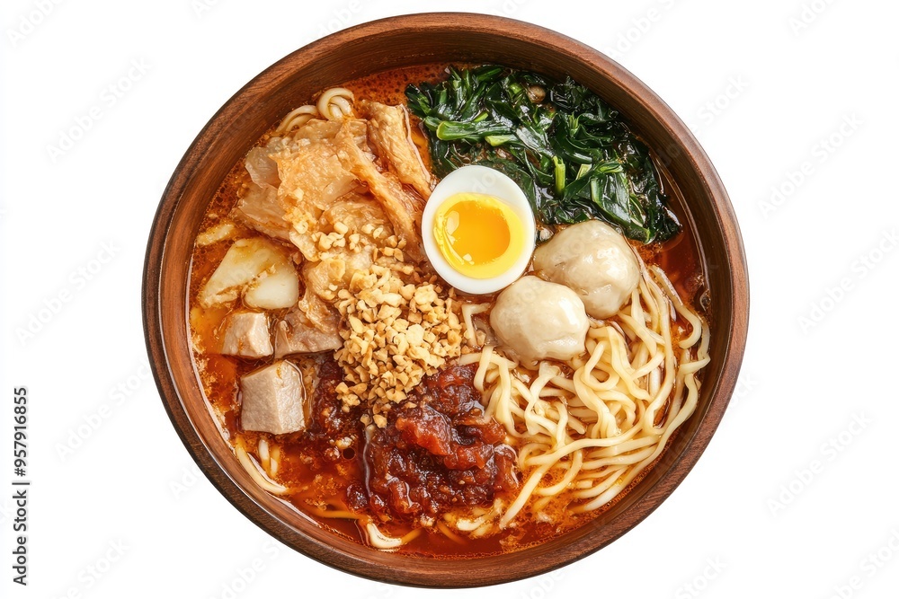 Bowl of Ramen Noodles with Meatballs, Egg, and Vegetables Bowl of Ramen Noodles with Meatballs, Egg, and Vegetables