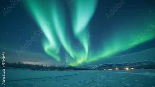 Wallpaper Mural Aurora Borealis, green and purple lights swirl in the night sky above the snowy plains, stars twinkle in the distance, silent mountain scenery below, Ai generated images Torontodigital.ca