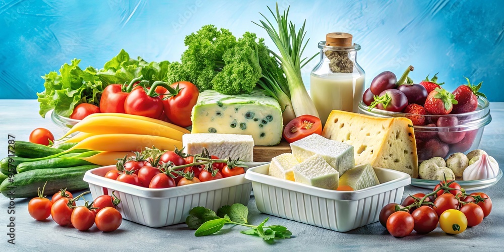 Fresh assorted vegetables and gourmet cheeses displayed in organized containers on a light blue backdrop Fresh assorted vegetables and gourmet cheeses displayed in organized containers on a light blue backdrop