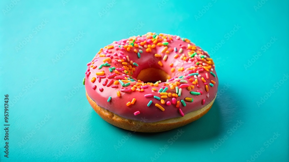 Vibrant donut with pink frosting and colorful sprinkles on aqua background, perfect for a fun and playful aesthetic Vibrant donut with pink frosting and colorful sprinkles on aqua background, perfect for a fun and playful aesthetic
