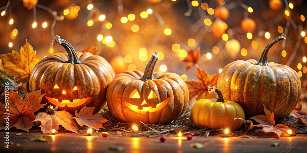 Fototapeta premium Festive Halloween pumpkins surrounded by autumn leaves and sparkling lights for a spooky yet enchanting atmosphere