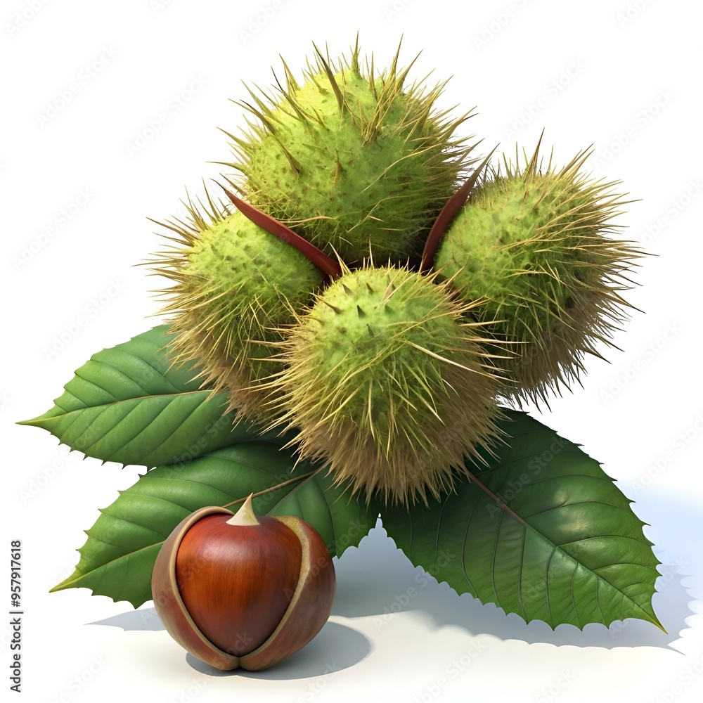 A 3D illustration of American chestnut fruits. bursting with fall colors and realistic detail. A 3D illustration of American chestnut fruits. bursting with fall colors and realistic detail.