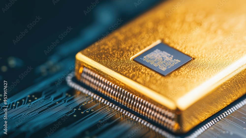 Digital Gold Concept - Golden Bar with Embedded Microchip, Tech and Precious Metals Fusion, Selective Focus, Copy Space, Ultra HD Digital Gold Concept - Golden Bar with Embedded Microchip, Tech and Precious Metals Fusion, Selective Focus, Copy Space, Ultra HD