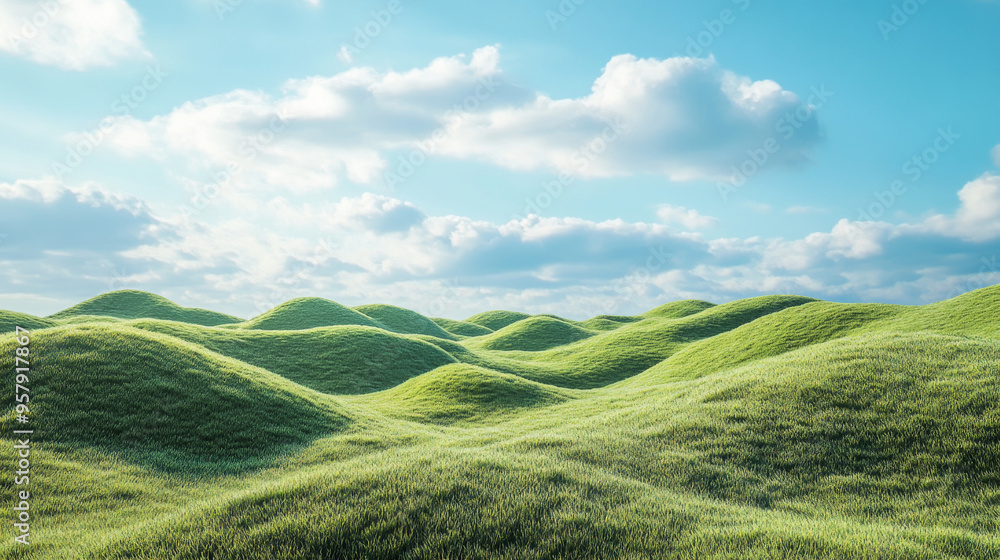 A 3D render of a surreal landscape featuring a shaggy green surface resembling grassland mountains. The scene is presented in a minimalistic concept, with abstract, fantastic dunes creating a panorami A 3D render of a surreal landscape featuring a shaggy green surface resembling grassland mountains. The scene is presented in a minimalistic concept, with abstract, fantastic dunes creating a panorami