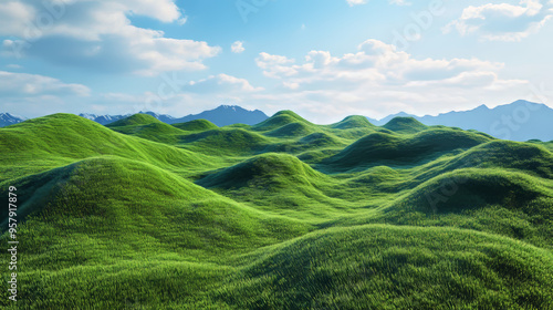 A 3D render of a surreal landscape featuring a shaggy green surface resembling grassland mountains. The scene is presented in a minimalistic concept, with abstract, fantastic dunes creating a panorami