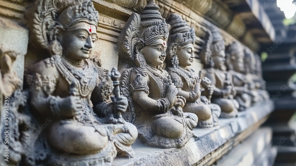 Close-up of a detailed stone carving depicting deities on the exterior of an Indian temple. Close-up of a detailed stone carving depicting deities on the exterior of an Indian temple.
