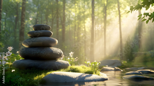 podium made of stacked, smooth river stones, with gentle sunlight filtering through nearby trees