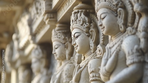 Close-up of a detailed stone carving depicting deities on the exterior of an Indian temple. photo