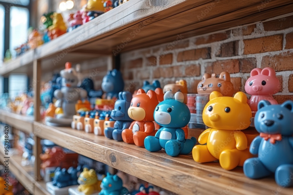 Naklejka premium A variety of colorful toy figures neatly displayed on wooden shelves against a brick wall, showcasing a playful and organized collection.