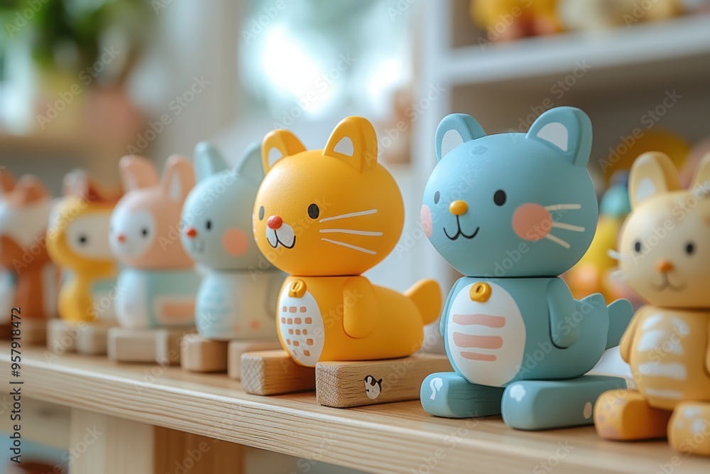 Obraz premium Close-up of cute animal-themed wooden toy figures neatly arranged on a shelf, showcasing a charming and colorful collection in a bright, cozy setting.
